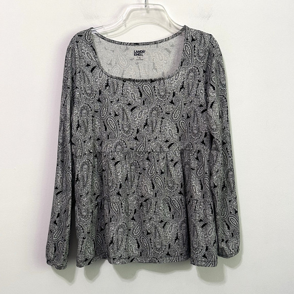 Lands End Square Neck Tee Top M 10/12 Black White Long Sleeve Pullover Stretch - Picture 1 of 10